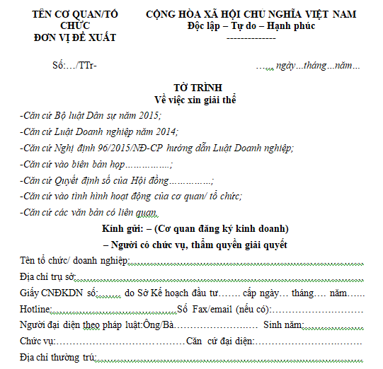 Mẫu tờ trình xin giải thể mới nhất
