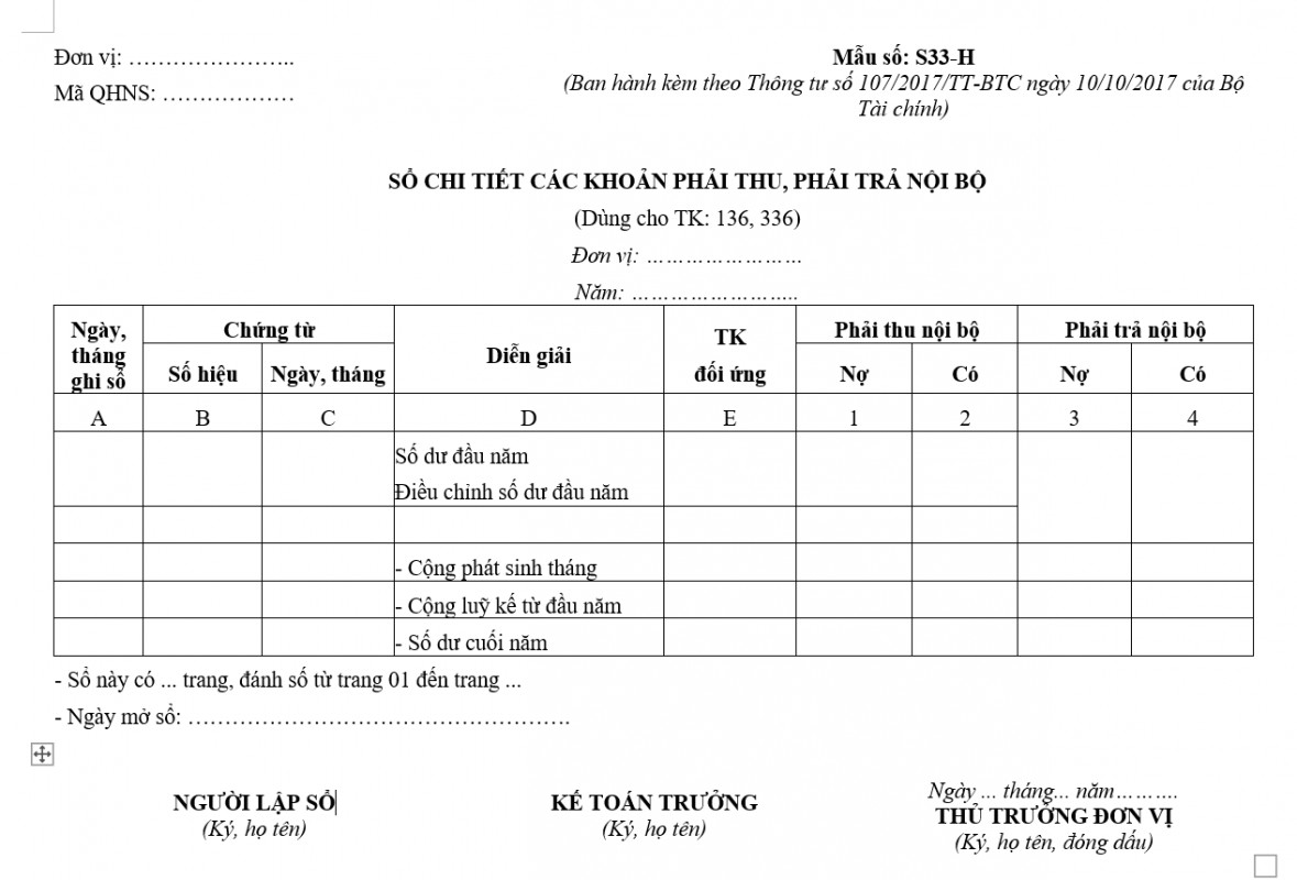 Sổ chi tiết các khoản phải thu, phải trả nội bộ