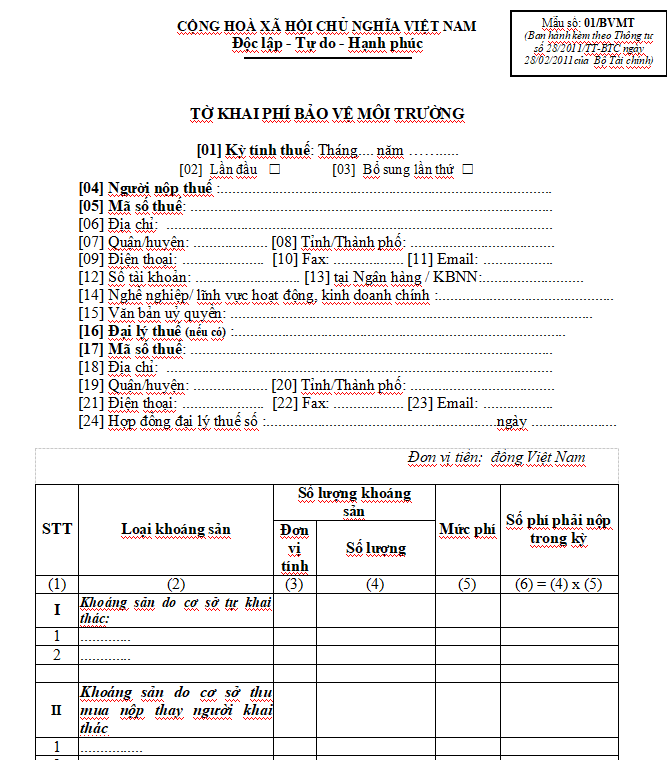 Mẫu số 01/BVMT : Tờ khai phí bảo vệ môi trường