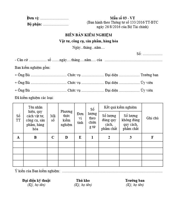 Mẫu biên bản kiểm nghiệm (Vật tư, công cụ, sản phẩm, hàng hoá) (Mẫu số 03 -VT)