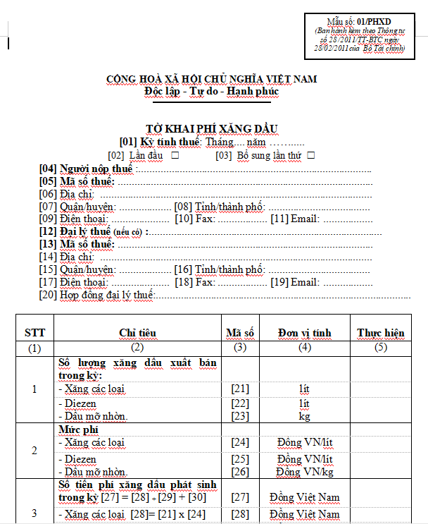 Mẫu số 01/PHXD : Tờ khai phí xăng dầu