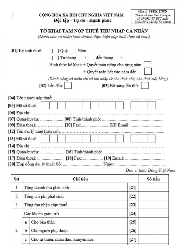 Mẫu số 08/KK-TNCN : Tờ khai tạm nộp thuế TNCN dành cho cá nhân kinh doanh thực hiện nộp thuế theo kê khai