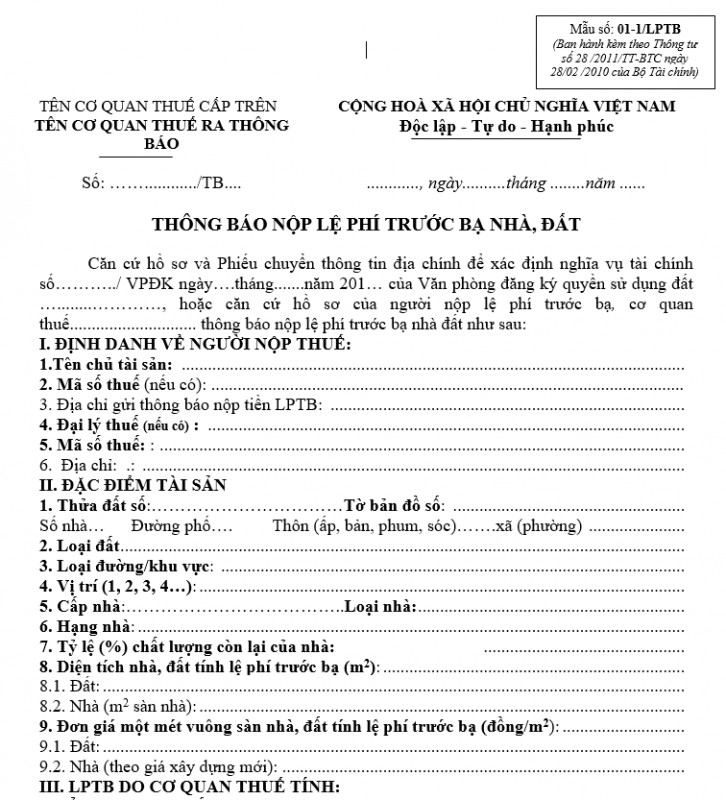 Mẫu số 01-1/LPTB : Thông báo nộp lệ phí trước bạ nhà, đất