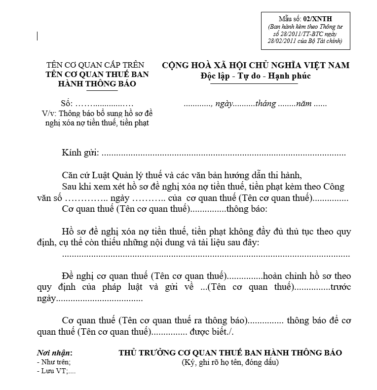 Mẫu số 02/XNTH : Công văn thông báo bổ sung hồ sơ đề nghị xoá nợ tiền thuế, tiền phạt