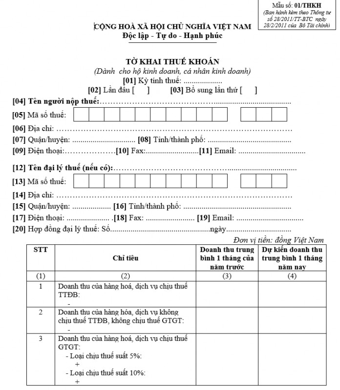 Mẫu số 01/THKH : Tờ khai thuế khoán dành cho hộ kinh doanh, cá nhân kinh doanh