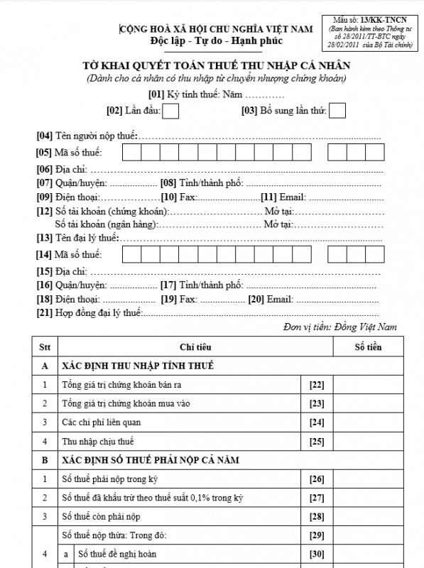 Mẫu số 13/KK-TNCN : Tờ khai quyết toán thuế TNCN dành cho cá nhân có thu nhập từ chuyển nhượng chứng khoán