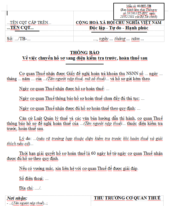 Mẫu số 01/HT-TB: Thông báo về việc chuyển hồ sơ hoàn thuế sang diện kiểm tra trước, hoàn thuế sau