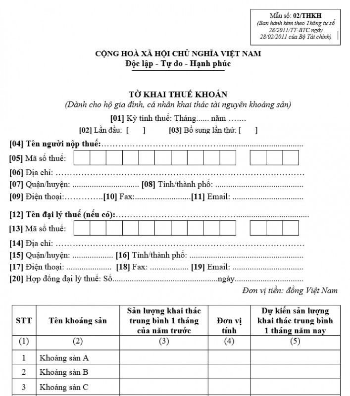 Mẫu số 02/THKH : Tờ khai thuế khoán dành cho hộ gia đình, cá nhân khai thác tài nguyên khoáng sản