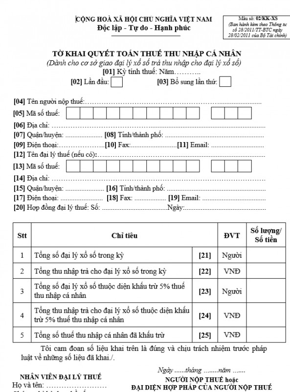 Mẫu số 02/KK-XS : Tờ khai quyết toán thuế TNCN dành cho cơ sở giao đại lý xổ số trả thu nhập cho đại lý xổ số