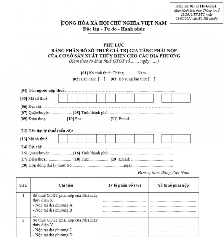 Mẫu số 01-1/TĐ-GTGT : Bảng phân bổ số thuế GTGT phải nộp của cơ sở sản xuất thuỷ điện cho các địa phương