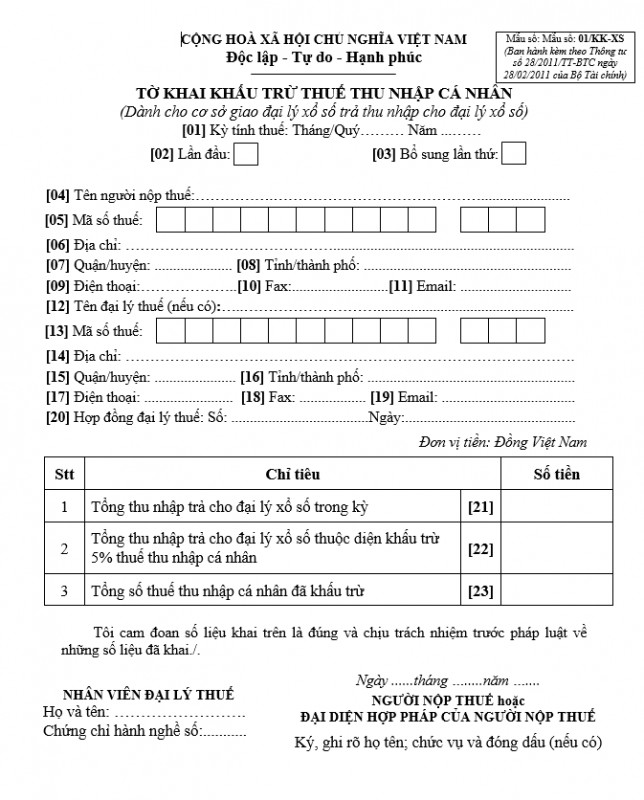 Mẫu số 01/KK-XS : Tờ khai khấu trừ thuế TNCN dành cho cơ sở giao đại lý xổ số trả thu nhập cho đại lý xổ số