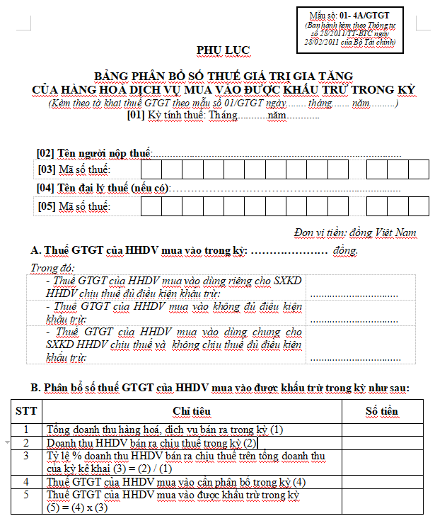 Mẫu số 01-4A/GTGT : Bảng phân bổ số thuế GTGT của hàng hóa, dịch vụ mua vào được khấu trừ trong kỳ