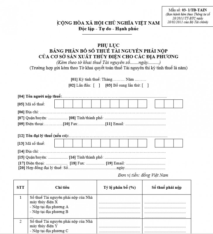 Mẫu số 03-1/TĐ-TAIN : Bảng phân bổ số thuế tài nguyên phải nộp của cơ sở sản xuất thuỷ điện cho các dịa phương