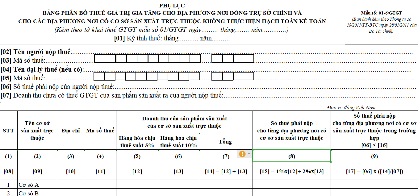 Mẫu số 01-6/GTGT : Bảng phân bổ thuế GTGT cho địa phương nơi đóng trụ sở chính và cho các địa phương nơi có cơ sở sản xuất trực thuộc không thực hiện hạch toán kế toán