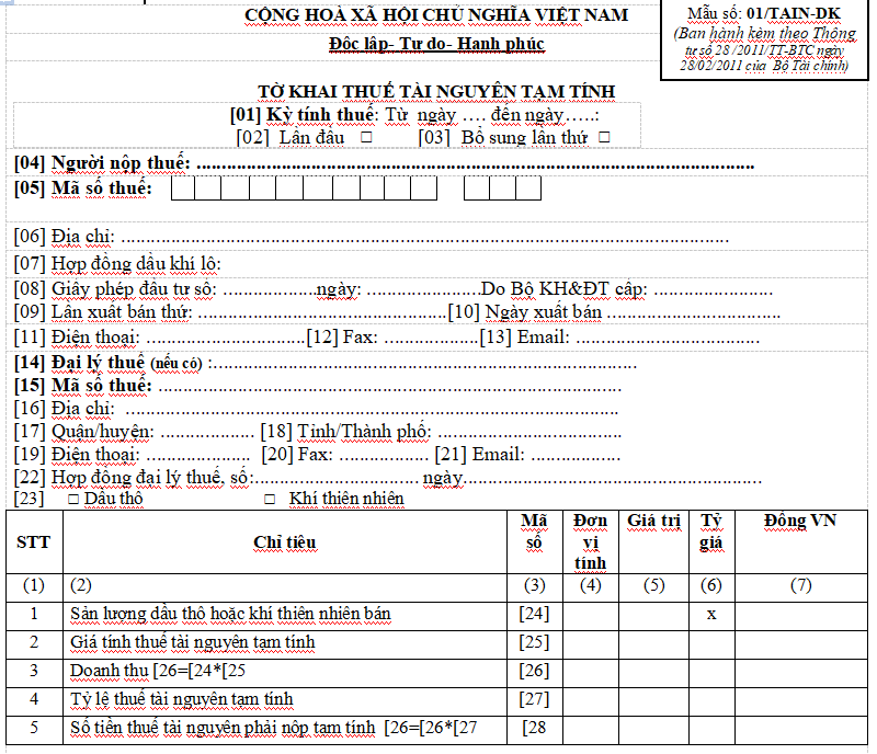 Mẫu số 01/TAIN-DK : Tờ khai thuế tài nguyên tạm tính