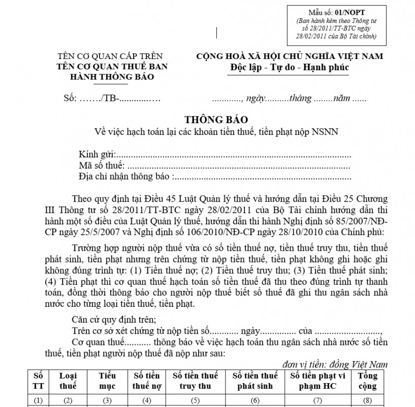 Mẫu số 01/NOPT : Thông báo về việc hạch toán lại các khoản tiền thuế, tiền phạt nộp ngân sách nhà nước