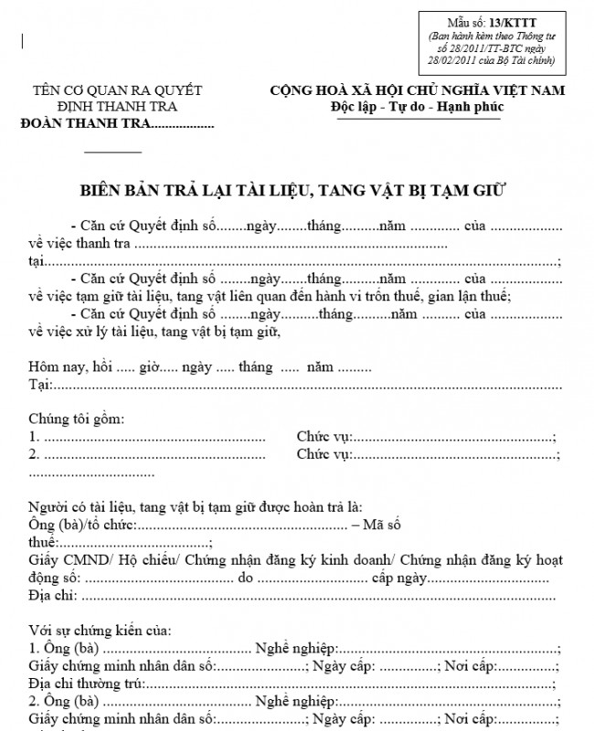 Mẫu số 13/KTTT : Biên bản trả lại tài liệu, tang vật bị tạm giữ