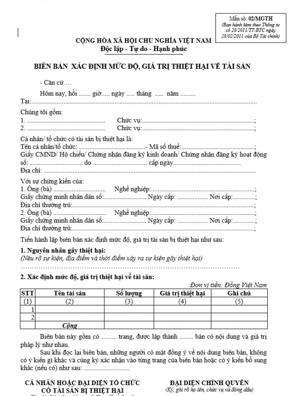 Mẫu số 02/MGTH : Biên bản xác định mức độ, giá trị thiệt hại về tài sản