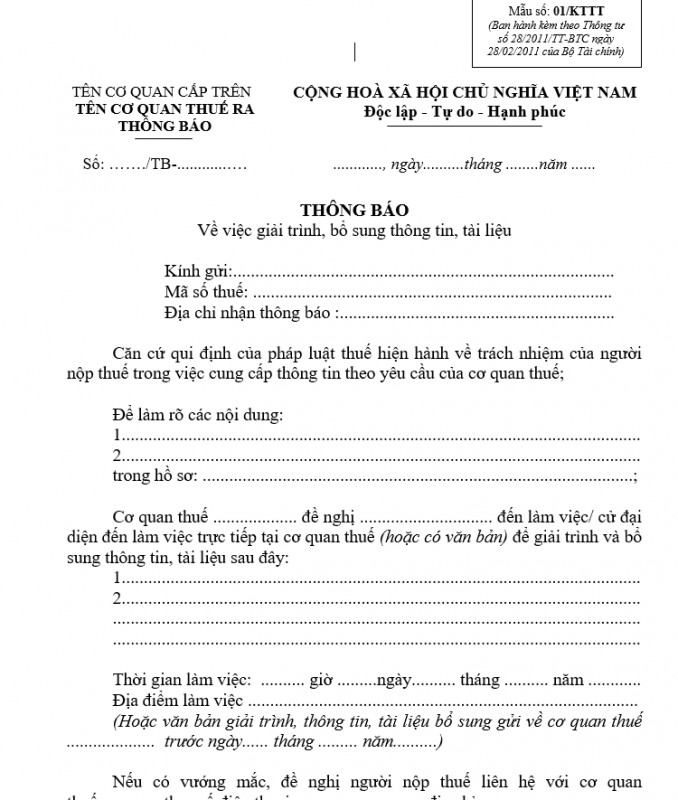Mẫu số 01/KTTT : Thông báo về việc giải trình, bổ sung thông tin, tài liệu