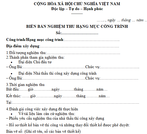Mẫu biên bản nghiệm thu hoàn thành hạng mục công trình