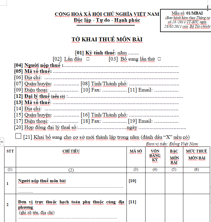 Mẫu số 01/MBAI : Tờ khai thuế môn bài