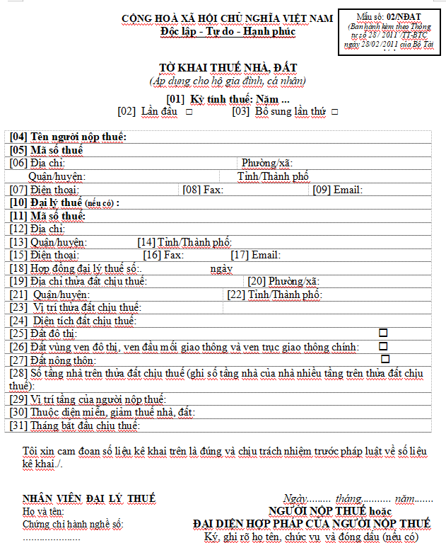 Mẫu số 02/NĐAT : Tờ khai thuế nhà, đất (áp dụng cho hộ gia đình, cá nhân)