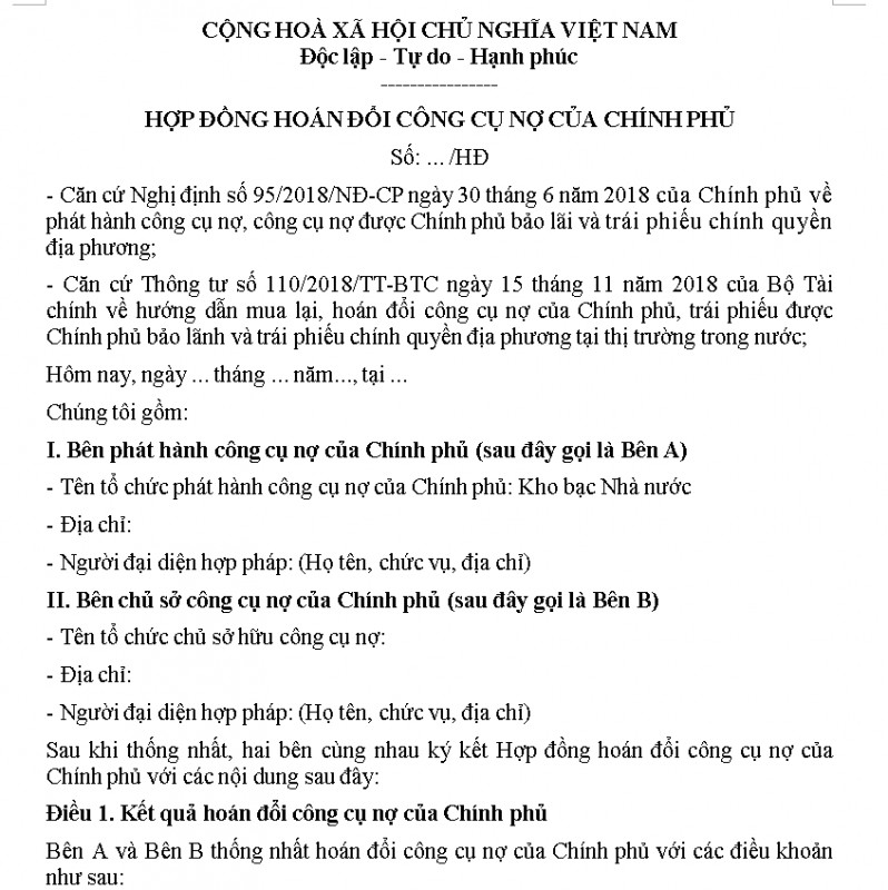 Mẫu hợp đồng hoán đổi công cụ nợ