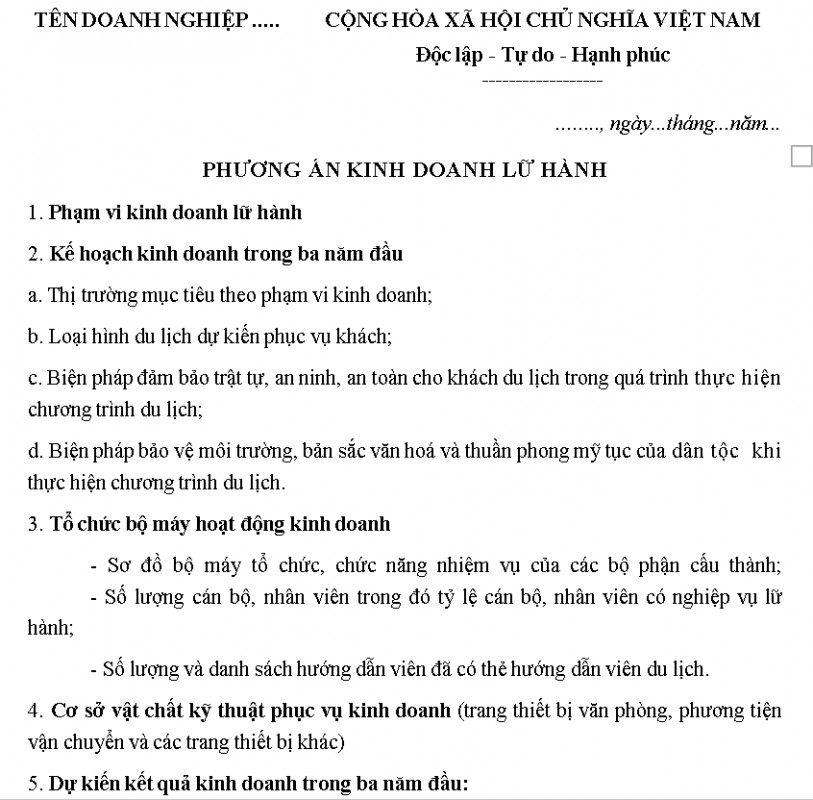 Mẫu phương án kinh doanh lữ hành