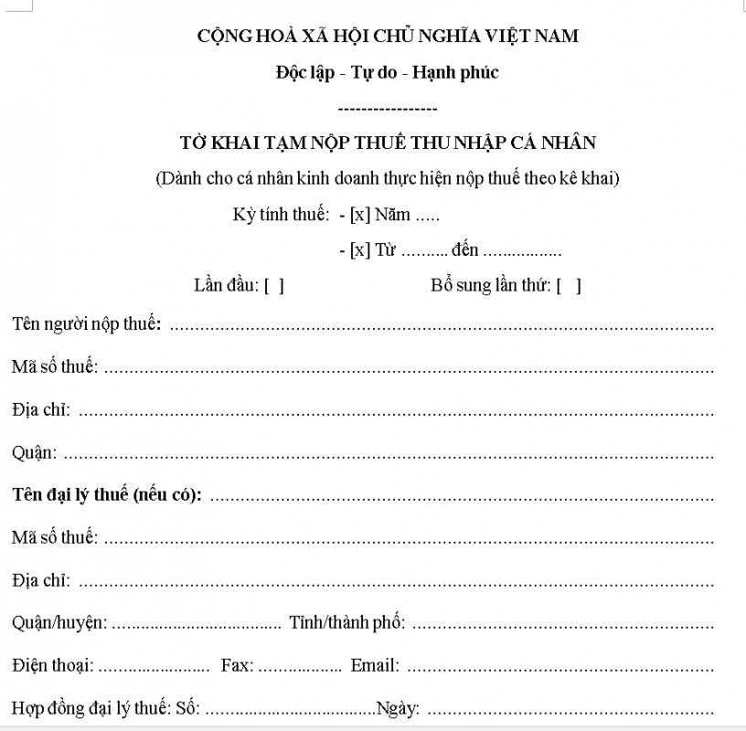 Mẫu tờ khai tạm nộp thuế thu nhập cá nhân