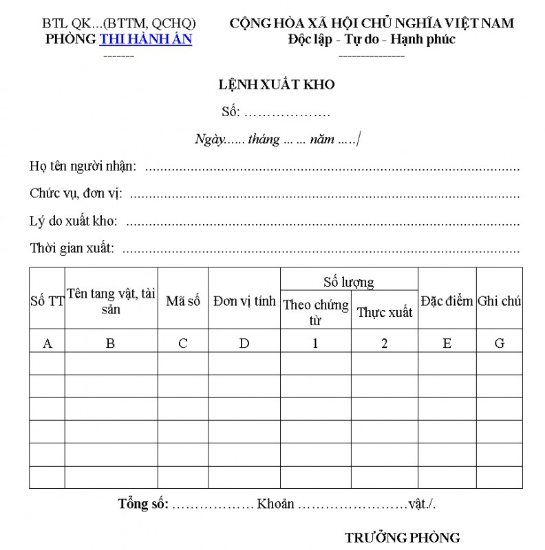 Mẫu số 17/PTHA: Lệnh xuất kho