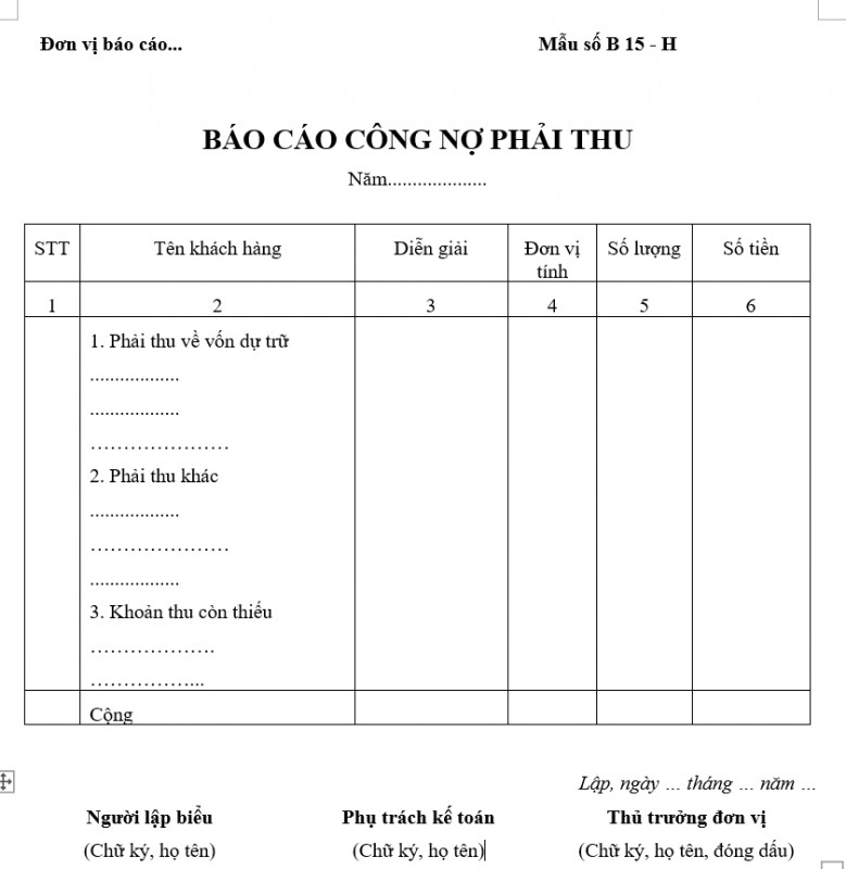 Mẫu báo cáo công nợ phải thu