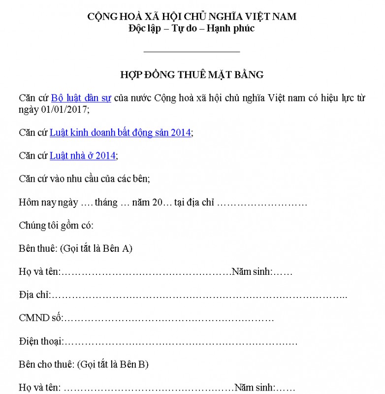 Đơn đăng ký thuê mặt bằng kinh doanh