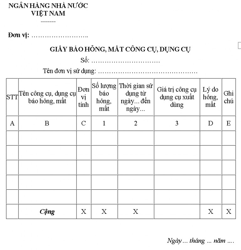 Mẫu giấy báo hỏng, mất công cụ, dụng cụ của ngân hàng nhà nước