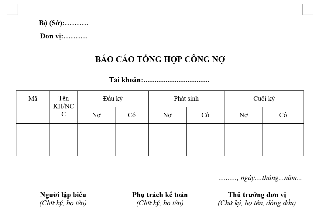 Mẫu báo cáo tổng hợp công nợ