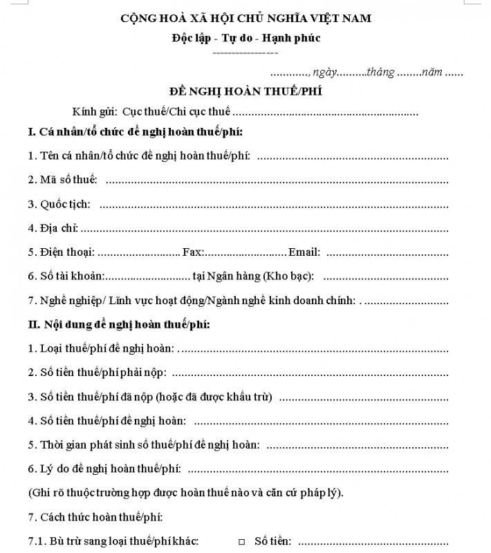 Mẫu đơn đề nghị hoàn thuế thu nhập cá nhân