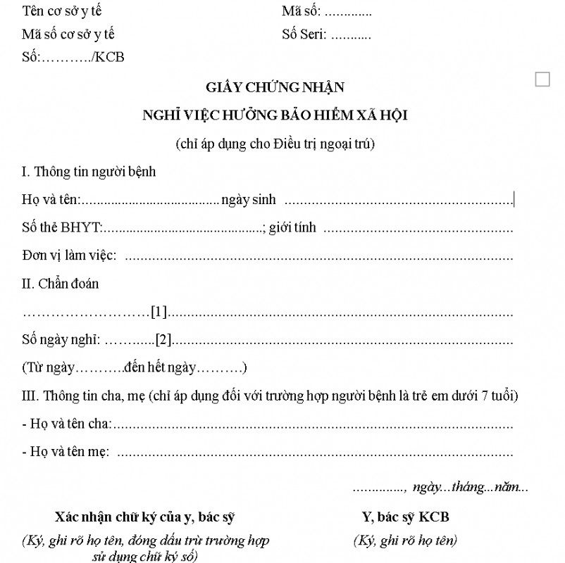 Mẫy giấy chứng nhận nghỉ ốm hưởng BHXH dành cho điều trị ngoại trú