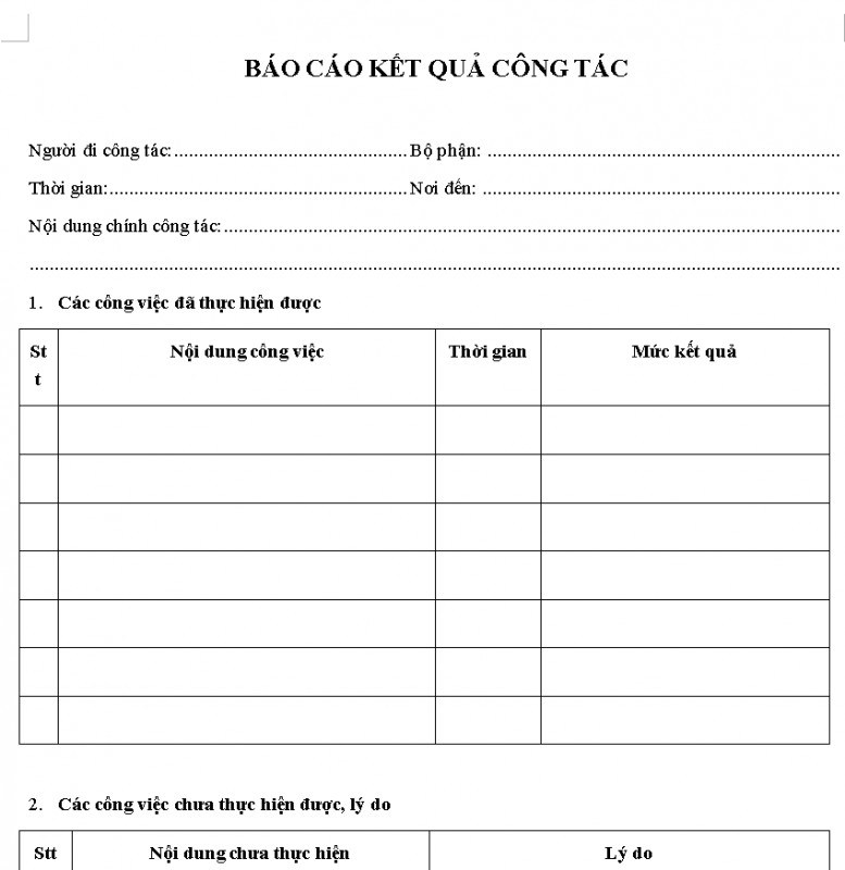 Mẫu Báo cáo kết quả công tác