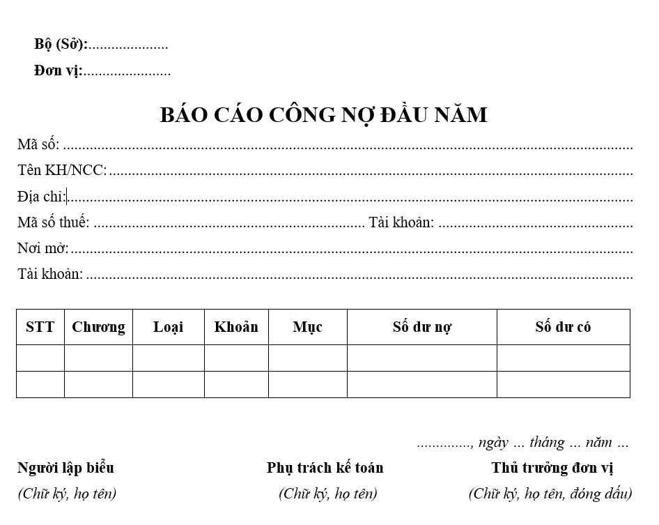 Mẫu báo cáo công nợ đầu năm