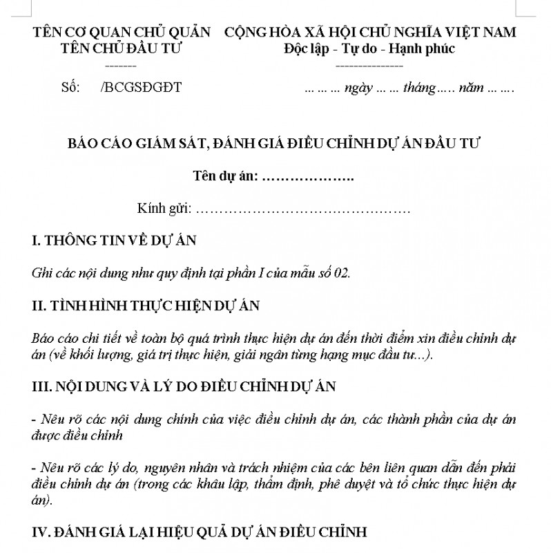 Báo cáo giám sát, đánh giá điều chỉnh dự án đầu tư
