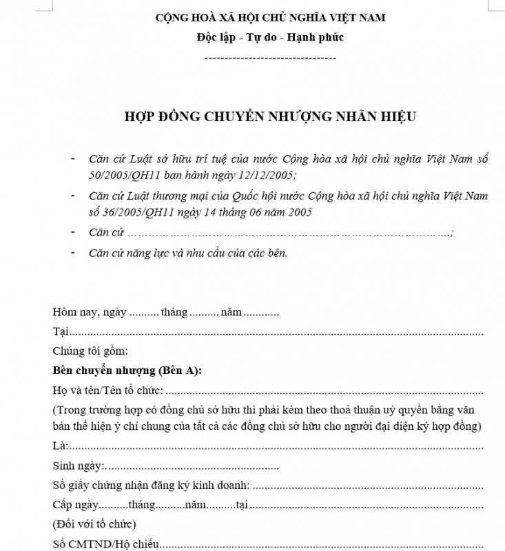 Hợp đồng chuyển nhượng nhãn hiệu