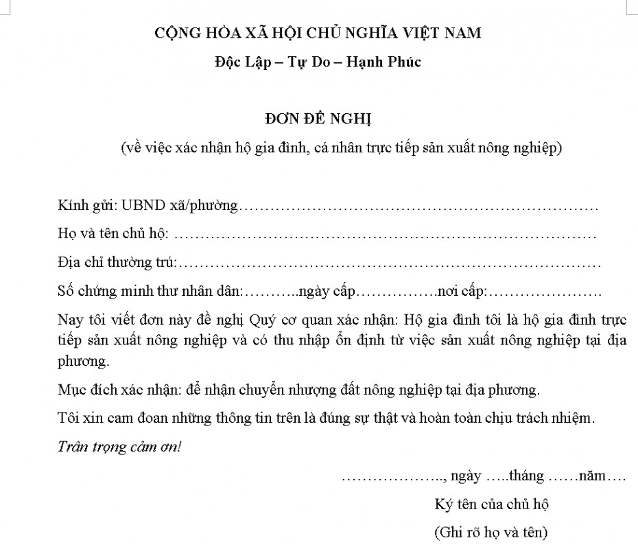 Mẫu đơn xác nhận hộ gia đình trực tiếp sản xuất nông nghiệp