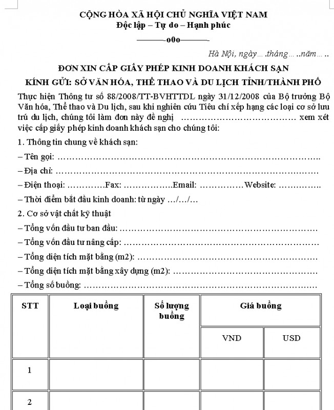 Mẫu đơn xin phép kinh doanh khách sạn