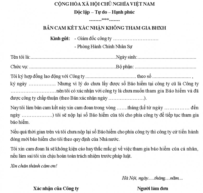 Mẫu Bản cam kết xác nhận không tham gia BHXH