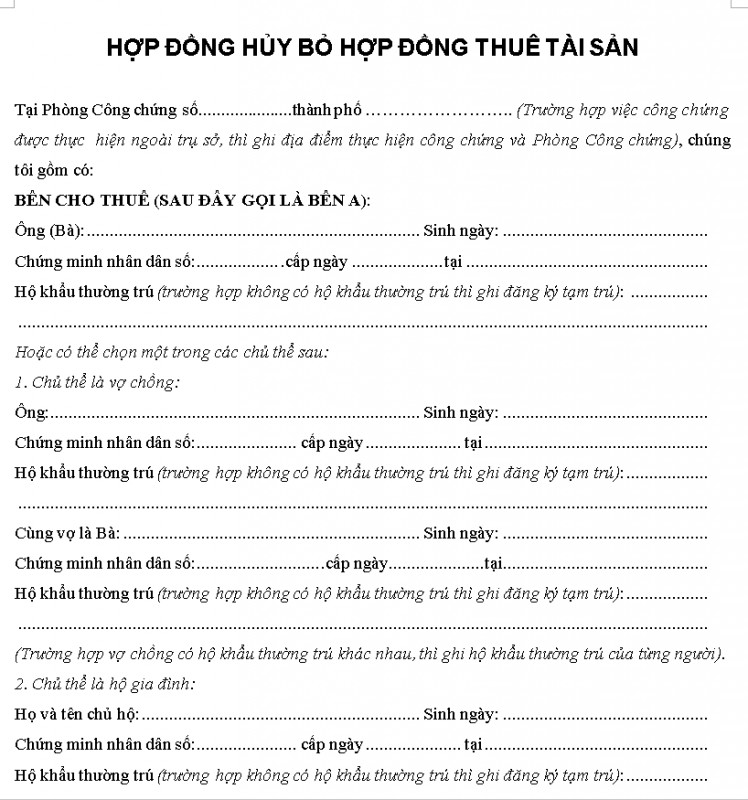 Hợp đồng hủy bỏ hợp đồng thuê tài sản
