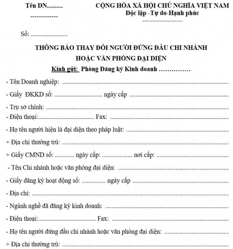 Mẫu thông báo thay đổi người đứng đầu chi nhánh hoặc văn phòng đại diện
