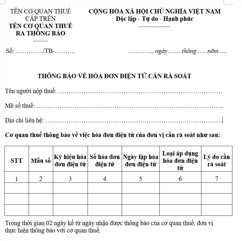 Mẫu thông báo hóa đơn điện tử cần rà soát
