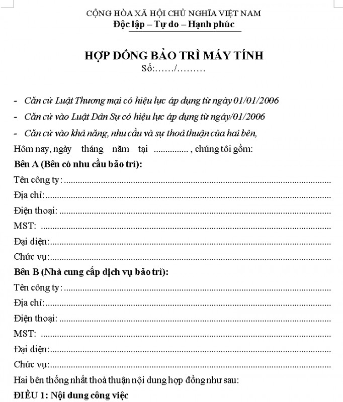 Mẫu Hợp đồng bảo trì máy tính