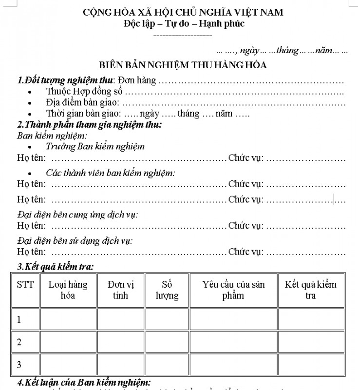 Mẫu biên bản nghiệm thu hàng hóa