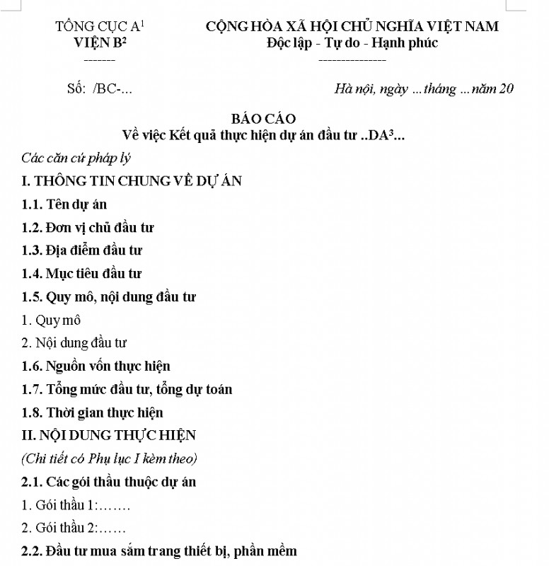 Mẫu báo cáo kết quả thực hiện dự án đầu tư