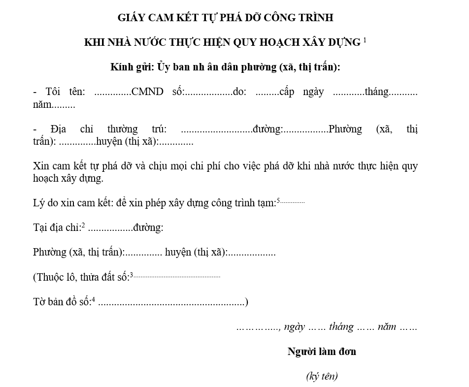 Giấy cam kết tự phá dỡ công trình